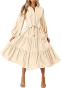 MASCOMODA Womens Long Sleeve Midi Shirt Dress - Flowy Tie Waist Casual
