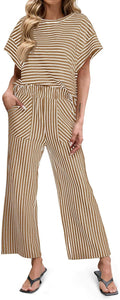 Tankaneo Womens Striped 2 Piece Set Short Sleeve T Shirt & Wide Leg