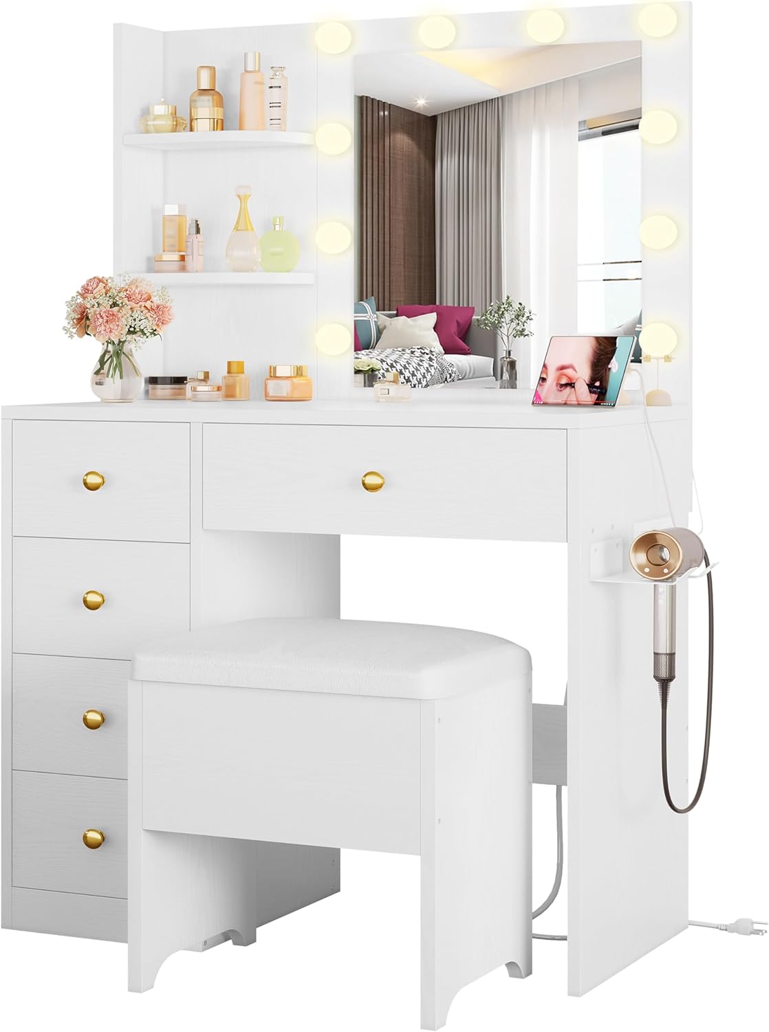 Vanity Desk with Lights & Mirror, 5 Drawers, Power Outlet - White