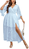 Plus Size Blue Floral Maxi Dress with Ruffle Bell Sleeves - Flowy Fit