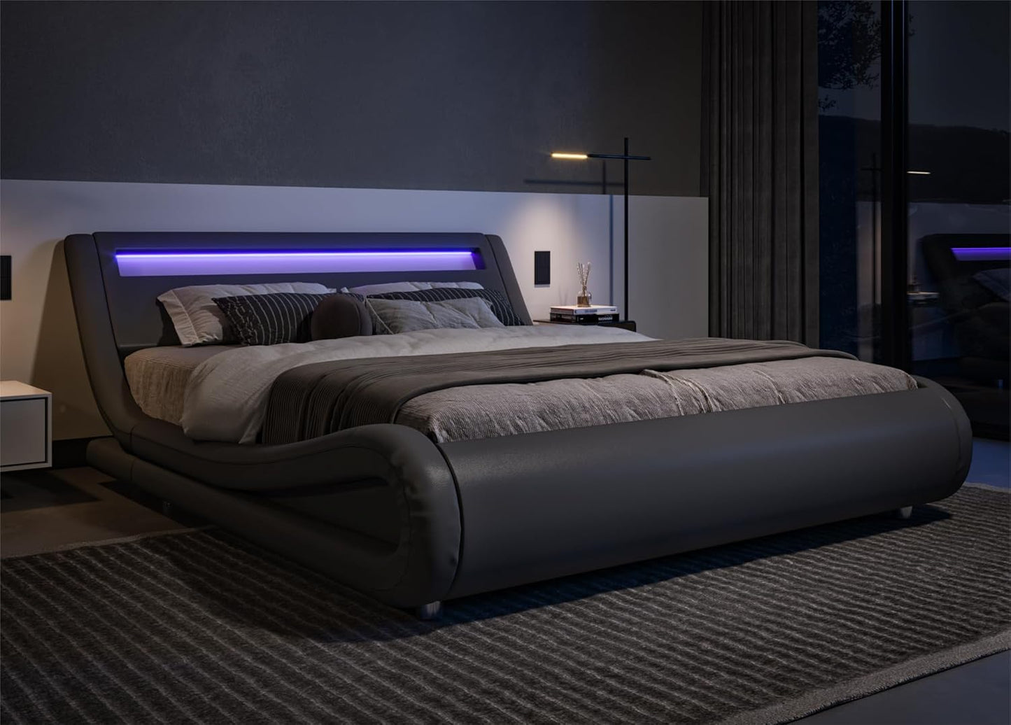 Allewie Full Size LED Platform Bed Frame with Adjustable Headboard