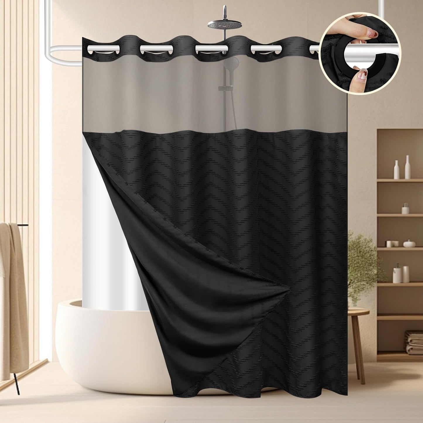 No Hook Shower Curtain Set with Snap in Liner for Easy Use