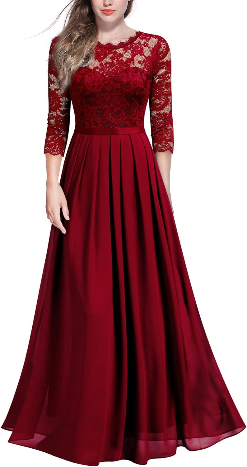 Elegant Floral Lace 3/4 Sleeve Maxi Dress for Bridesmaids