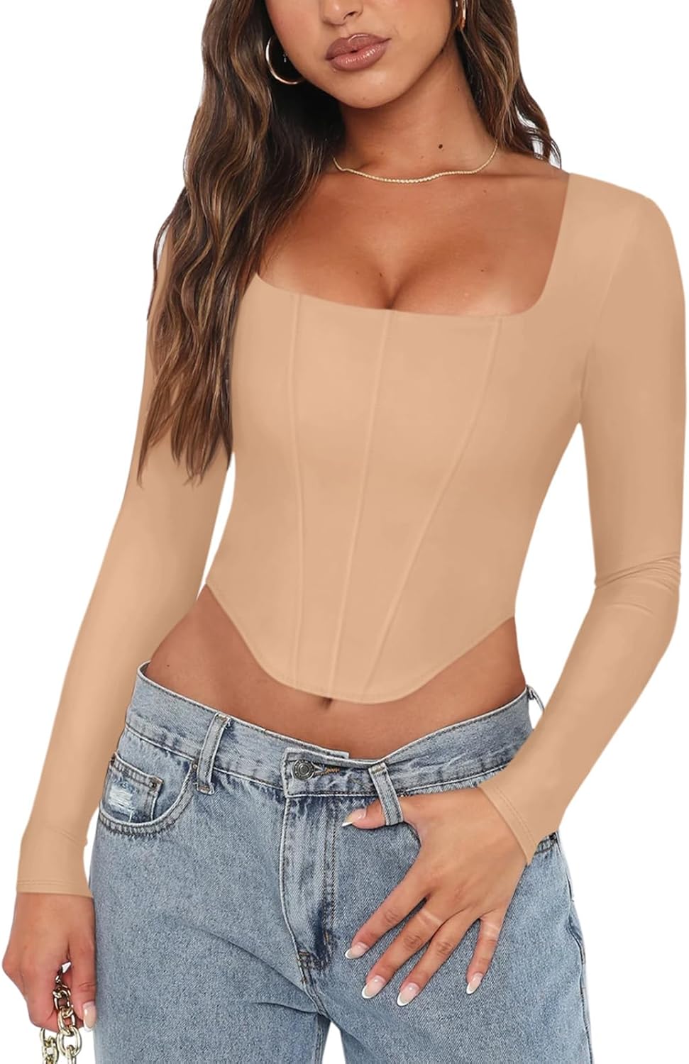 REORIA Womens Sexy Square Neck Long Sleeve Backless Corset Top