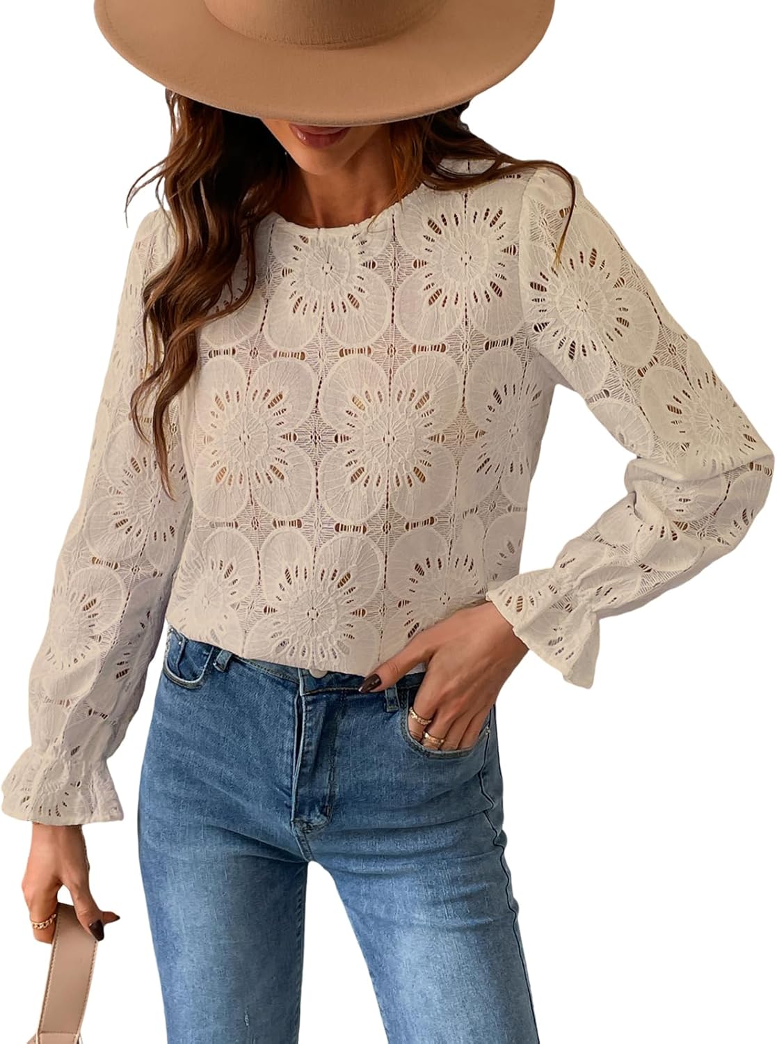 CUPSHE Women Eyelet Long Sleeve Tops for Dressy Casual Style