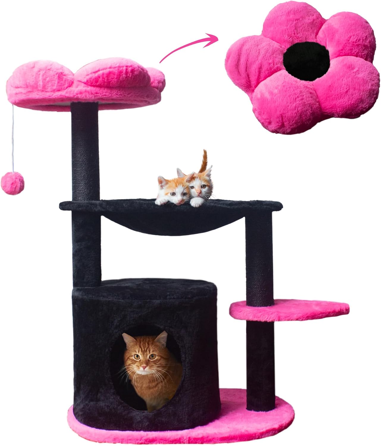 Cat Tree 33in Black Pink Flower Tower for Indoor Cats