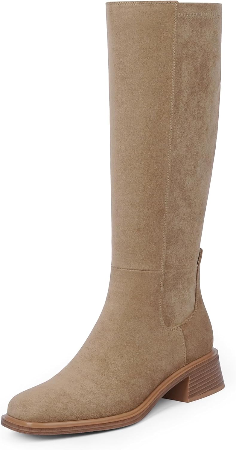Knee High Boots Women Faux Leather Low Heel Square Toe Style