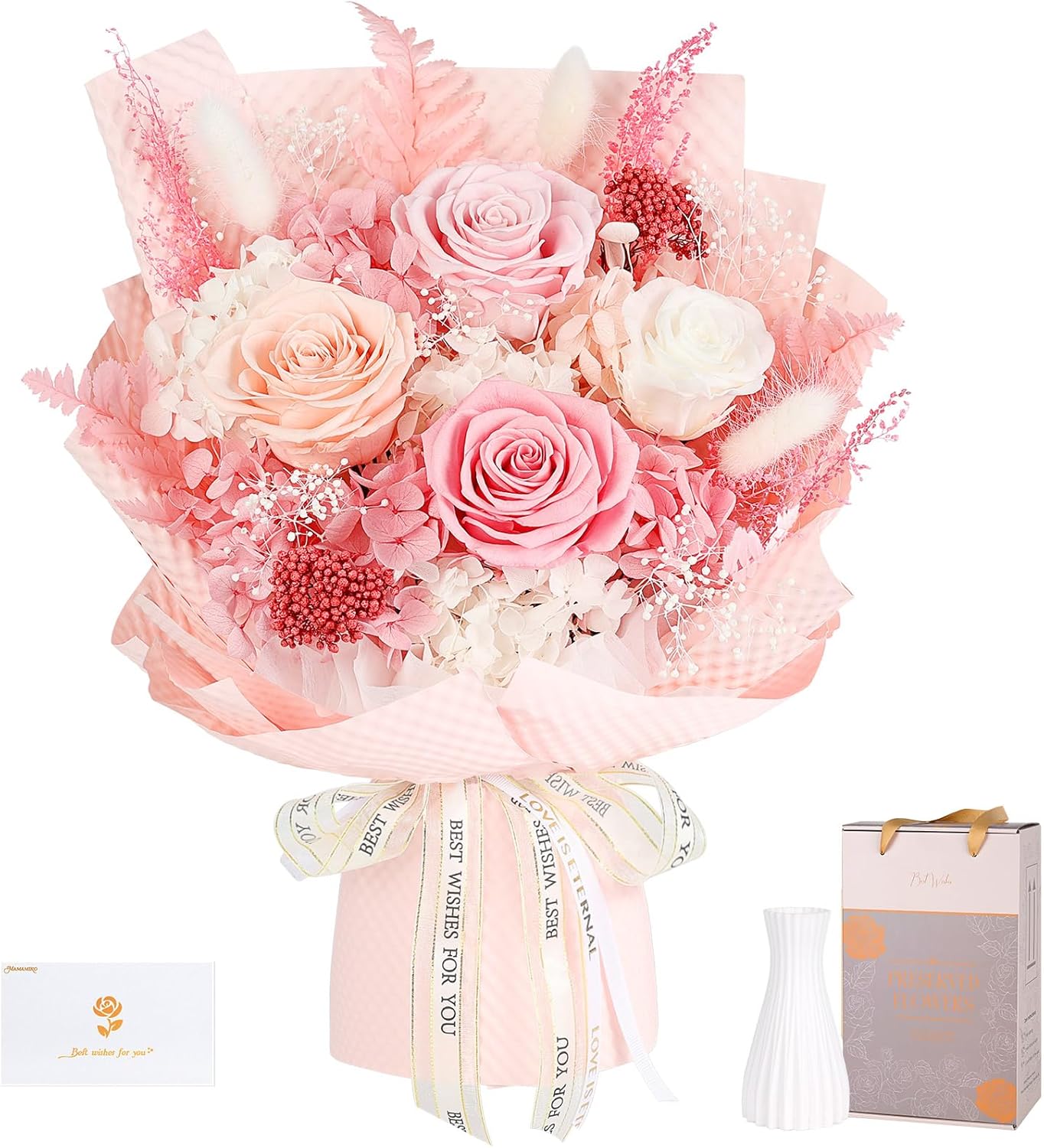 Preserved Flowers Bouquet with 4 Pink Roses for Lasting Beauty