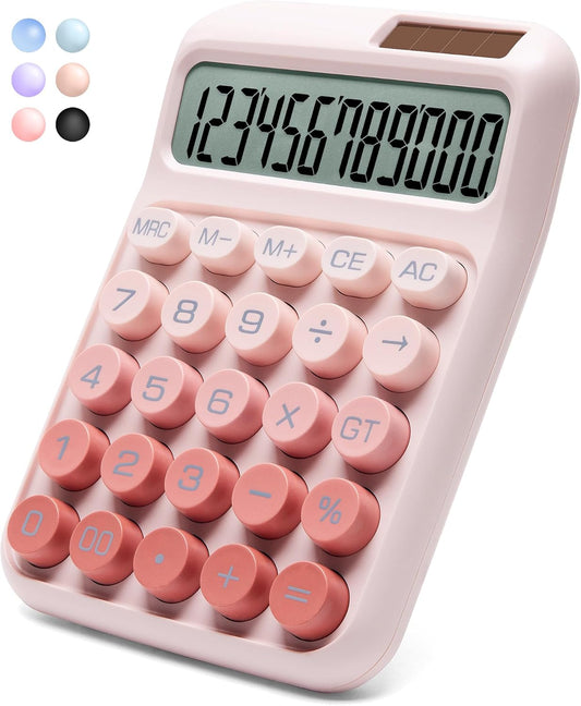 12-Digit Desk Calculator - Dual Power, Big Buttons, Ombre Pink