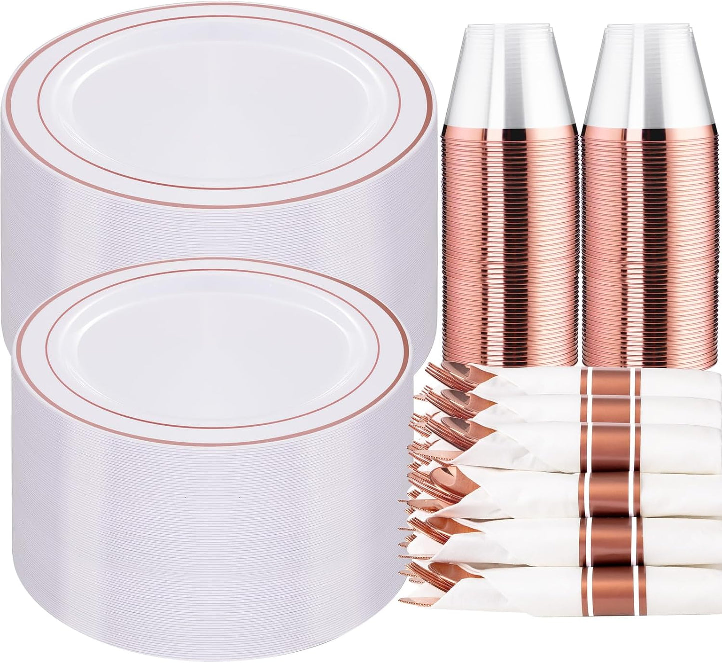 WELLIFE 350 Pieces Rose Gold Plastic Dinnerware for Parties