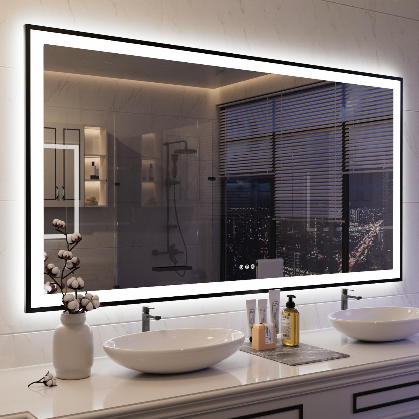 ISKMs 72x40 Framed LED Bathroom Mirror with Dimmable Lights