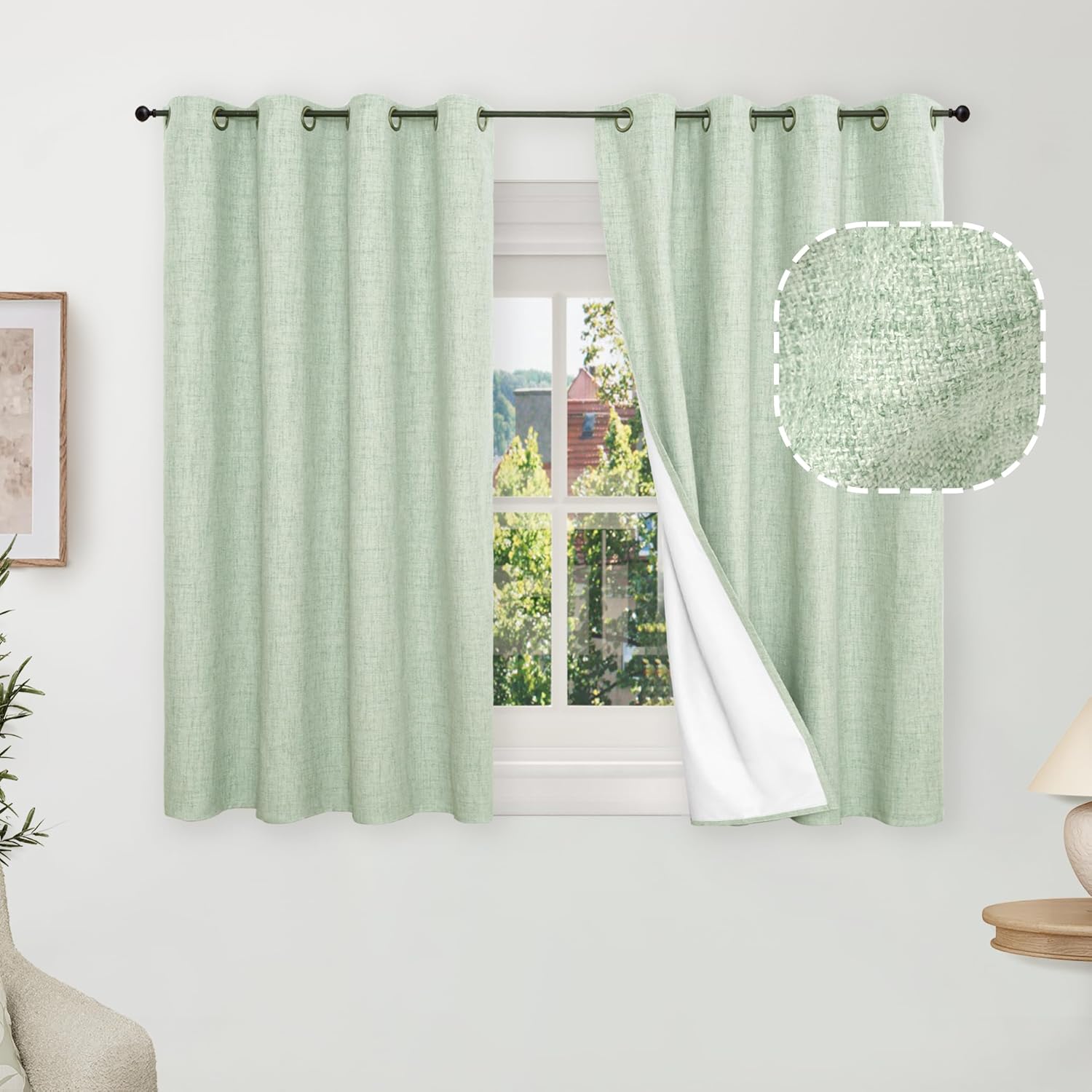 Sage Green Blackout Curtains for Bedroom - Linen Thermal Drapes