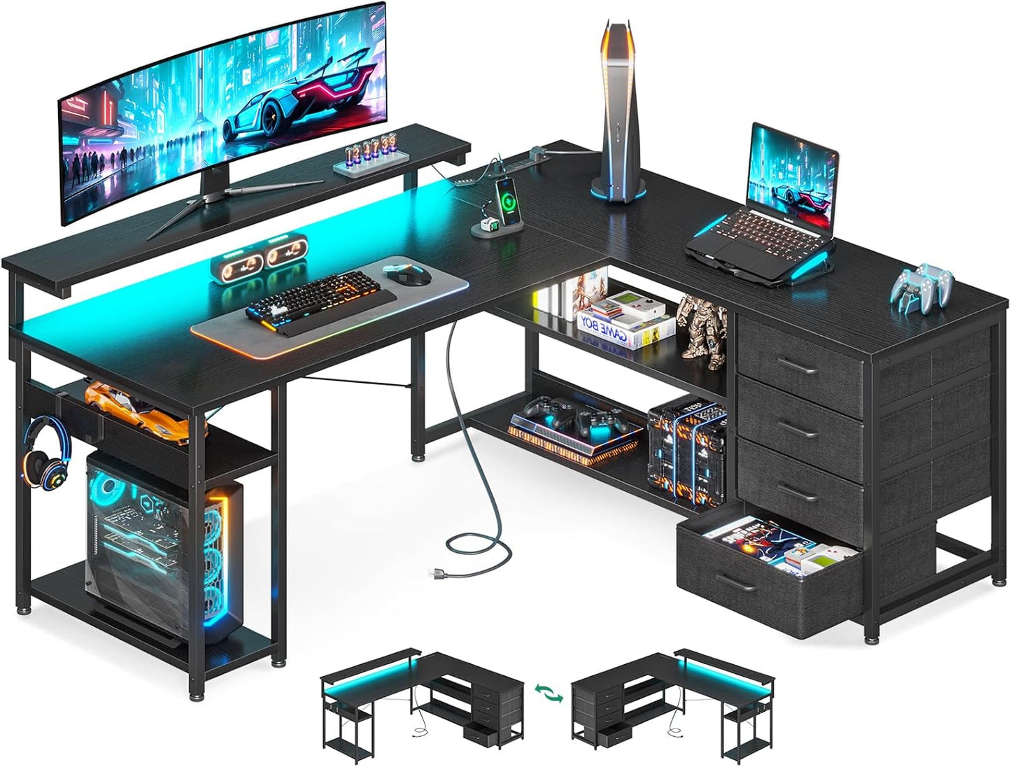 L-Shaped Gaming Desk with Power Outlets & LED Lights