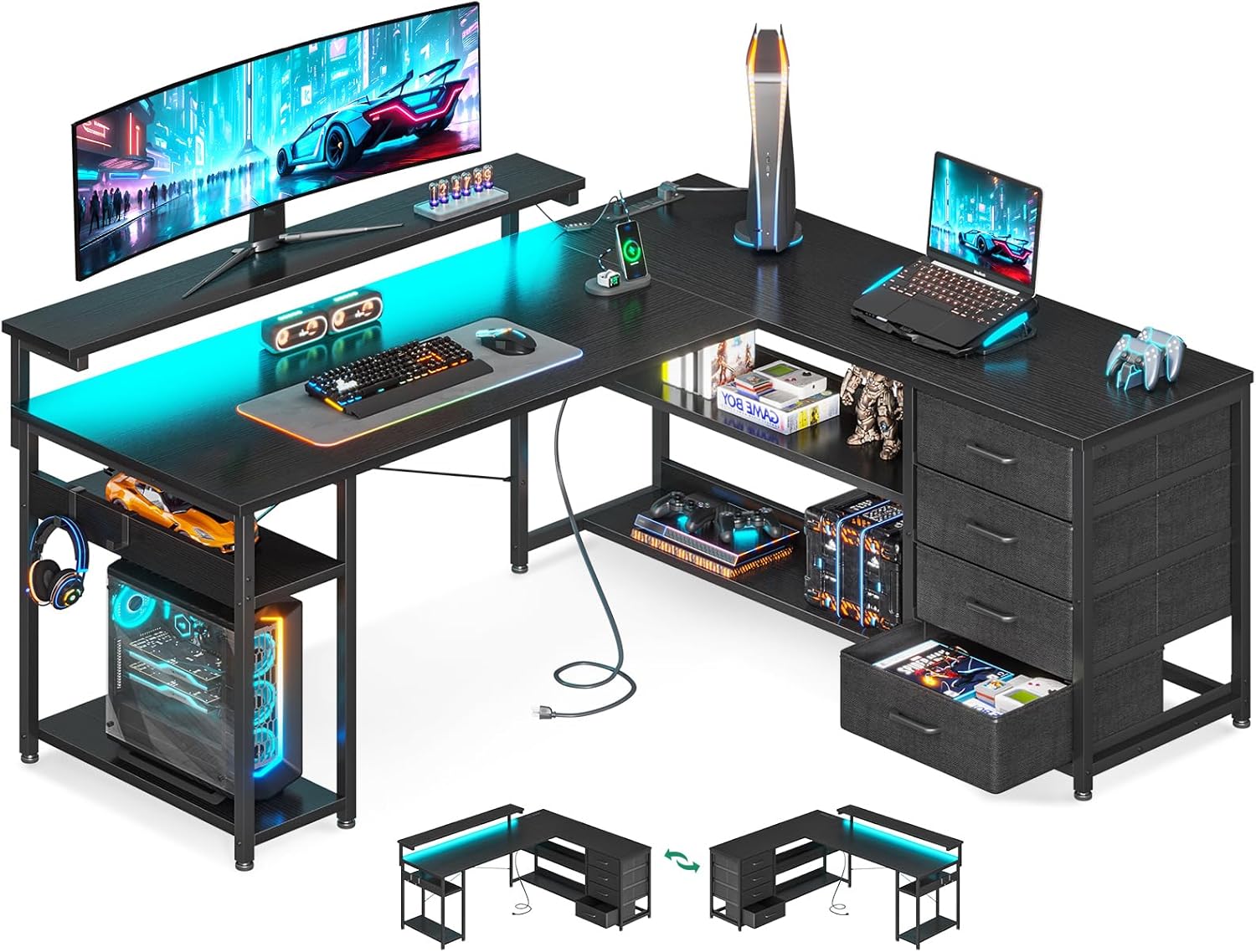 L-Shaped Gaming Desk with Power Outlets & LED Lights
