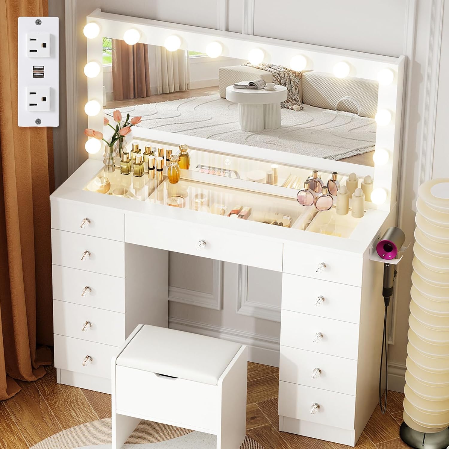 Lighted Mirror Vanity Set - 11 Drawers, 3 Lighting Modes