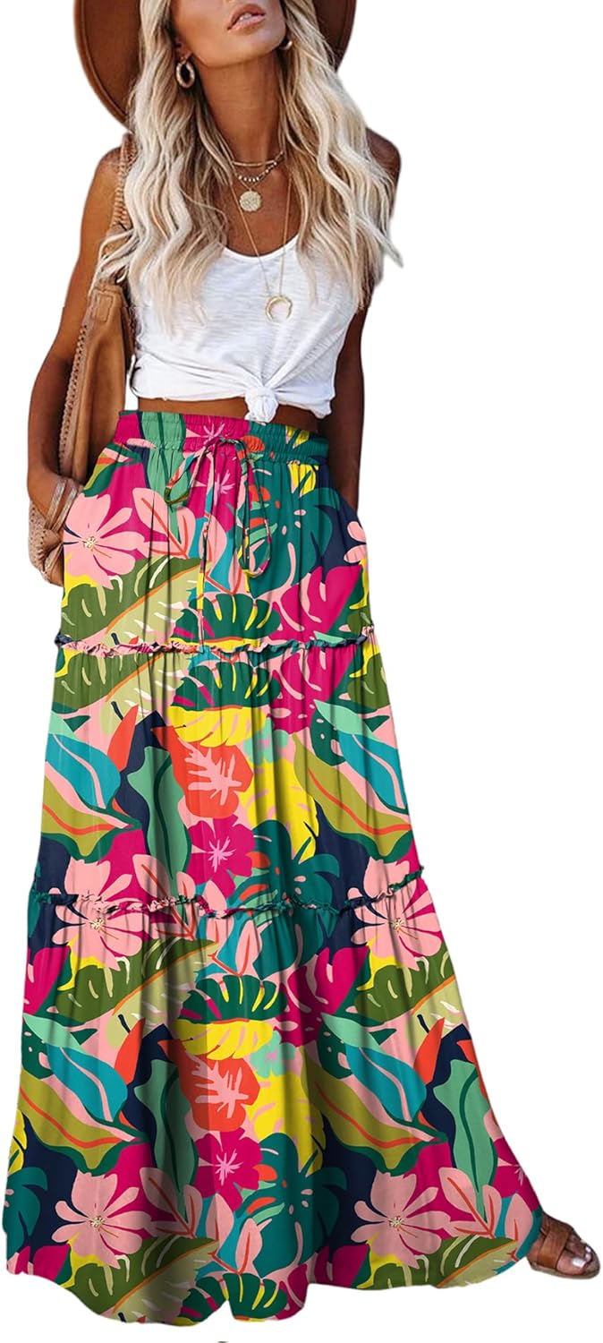 EARKOHA Womens Casual High Waist Tie Maxi Skirt with Pockets