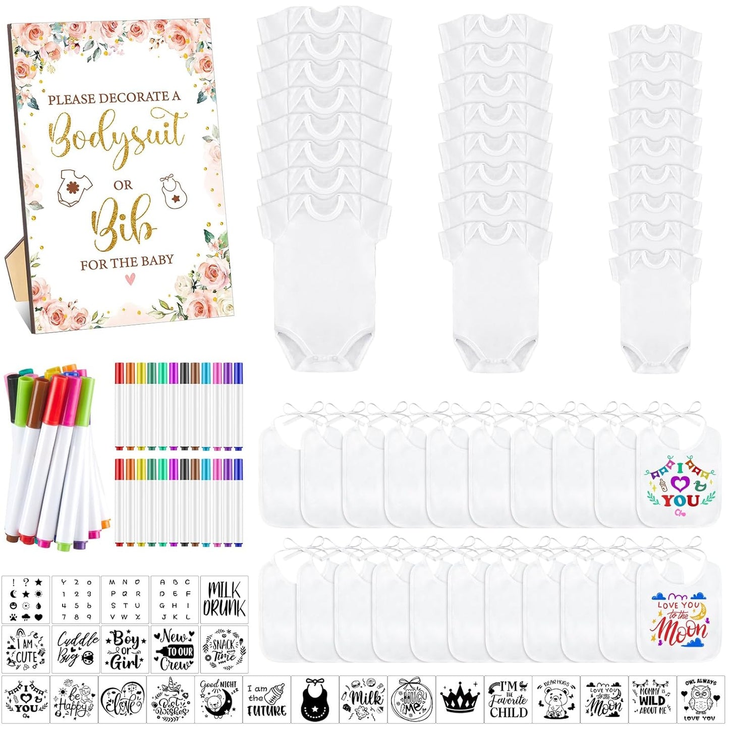 DIY Baby Shower Bibs Set with Floral Sign and Fabric Markers