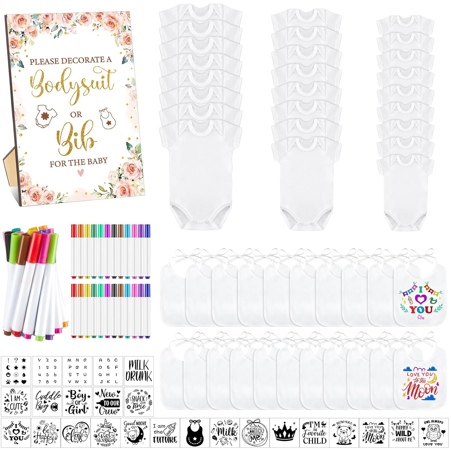 DIY Baby Shower Bibs Set with Floral Sign and Fabric Markers