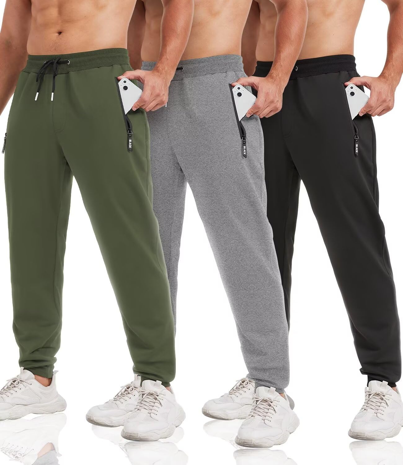 3 Pack Sweatpants for Men Tapered Joggers with Zip Pockets