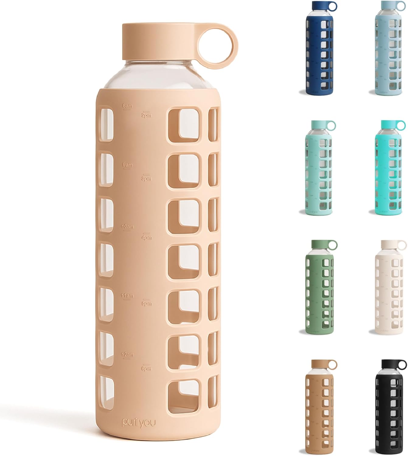 purifyou 32oz Borosilicate Glass Water Bottle with Markers
