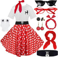 10Pcs Sock Hop Outfits Women - Red Polka Dot Poodle Skirt Set