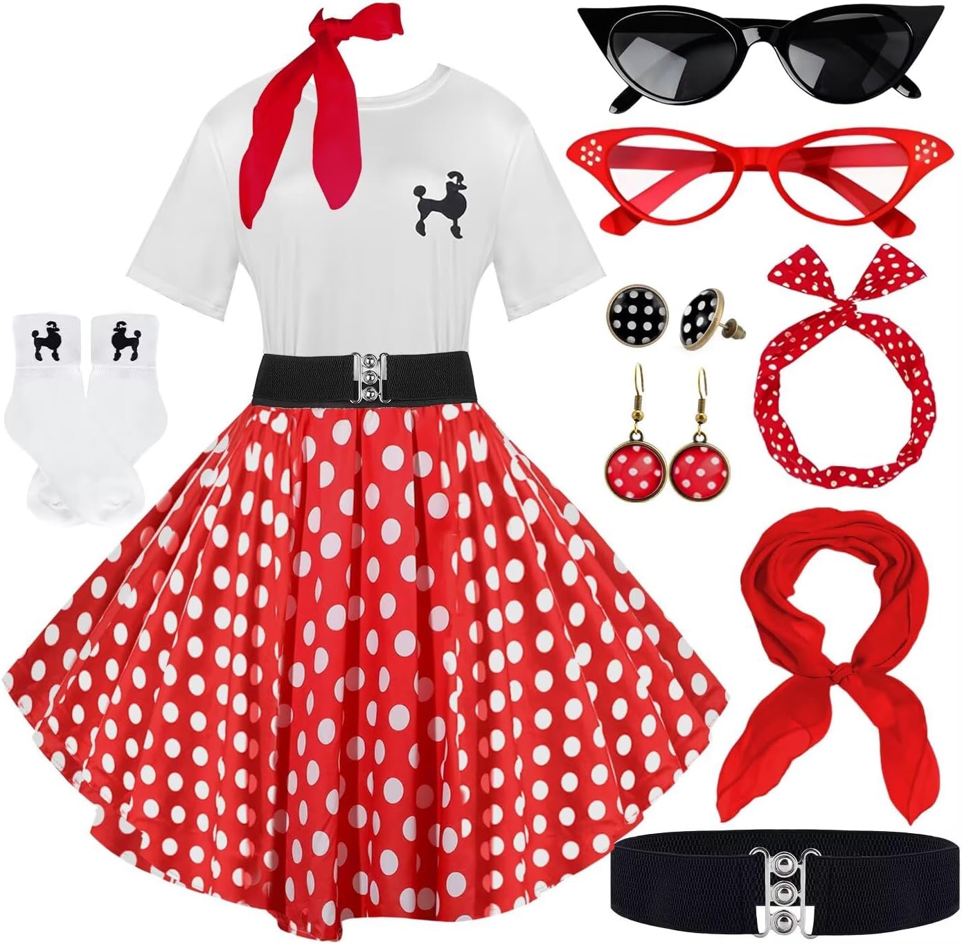 10Pcs Sock Hop Outfits Women with 1950s Poodle Skirts