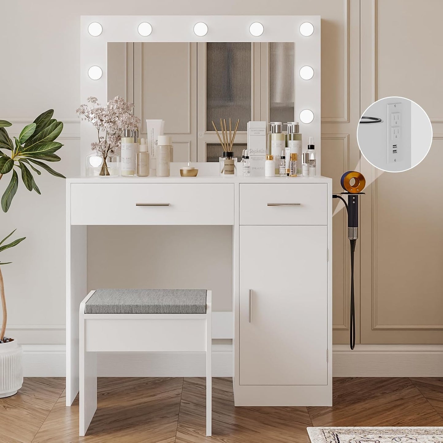 Vanity Desk with Mirror and Adjustable Lighting for Bedroom
