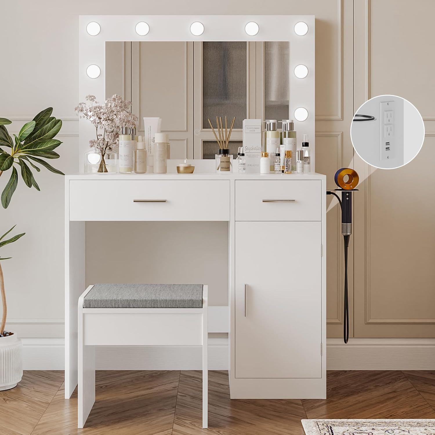 Vanity Desk with Mirror and Adjustable Lighting for Bedroom