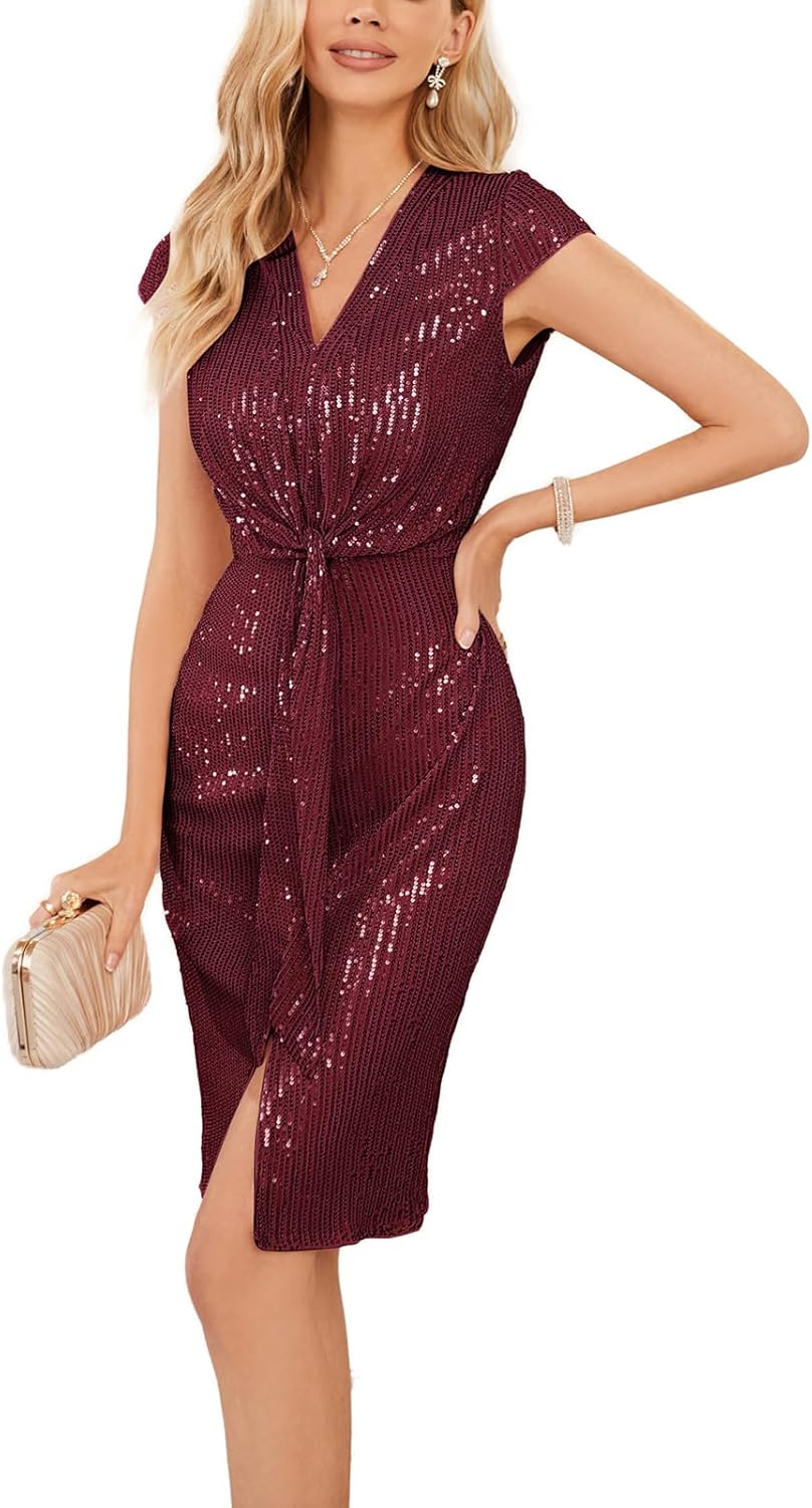 Sparkly Sequin Cocktail Dress - V Neck Midi