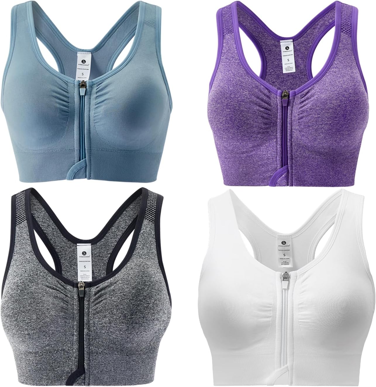 Zip Front Sports Bra for Women - Medium Support Racerback Fit