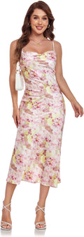 Women's Spaghetti Strap Midi Satin Silk Dress - Cowl Neck Sexy Slip