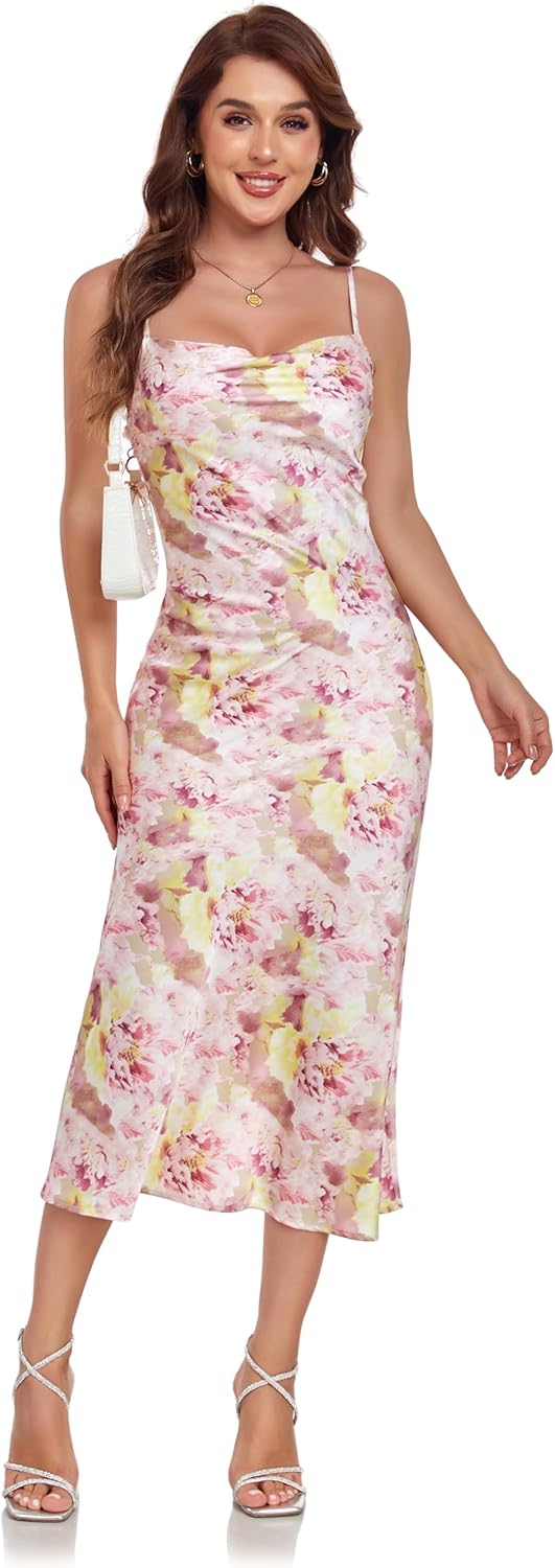 Women's Spaghetti Strap Midi Satin Silk Dress for Parties