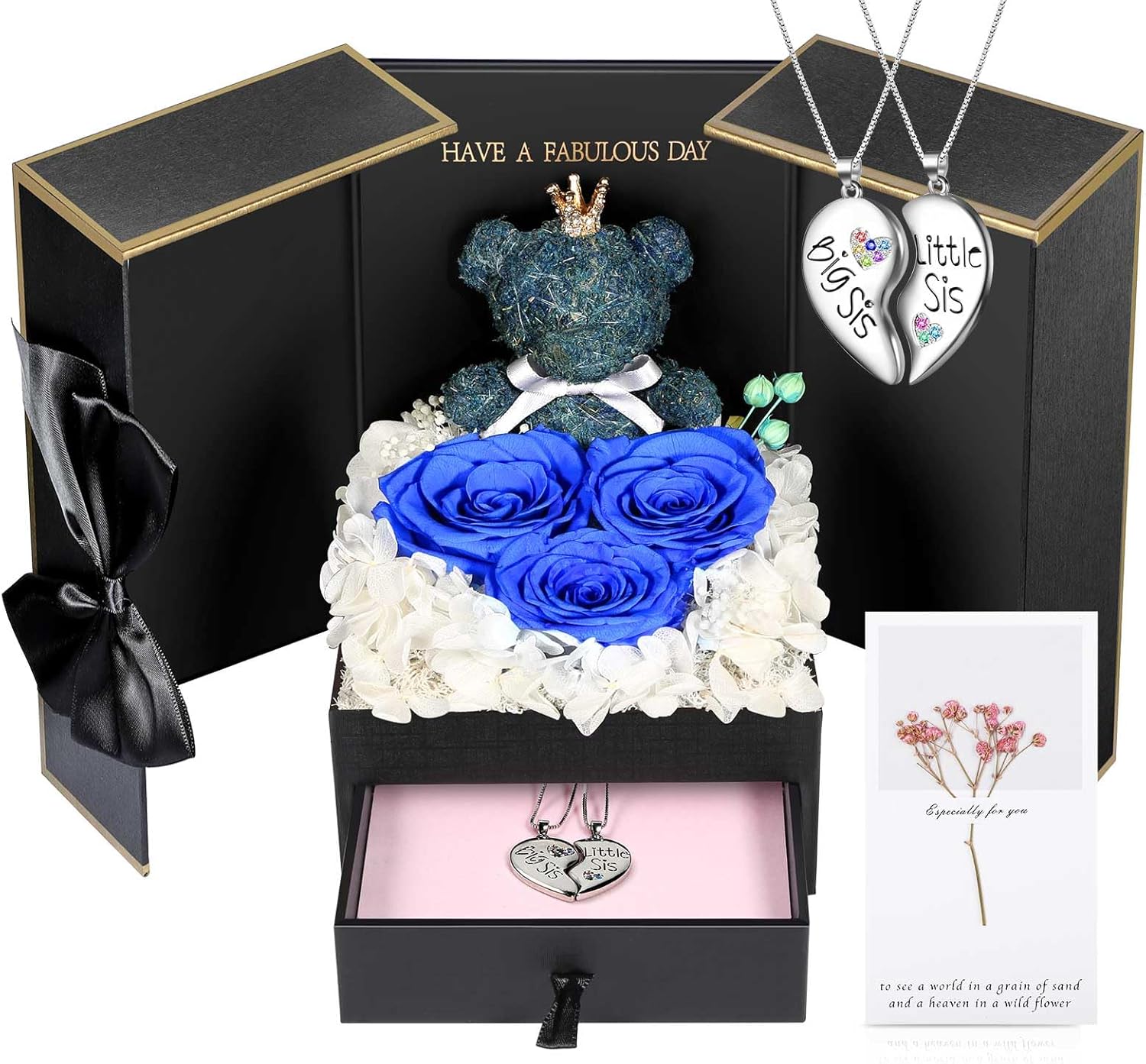Unique Sisters Gifts with Preserved Roses and Cute Moss Bear