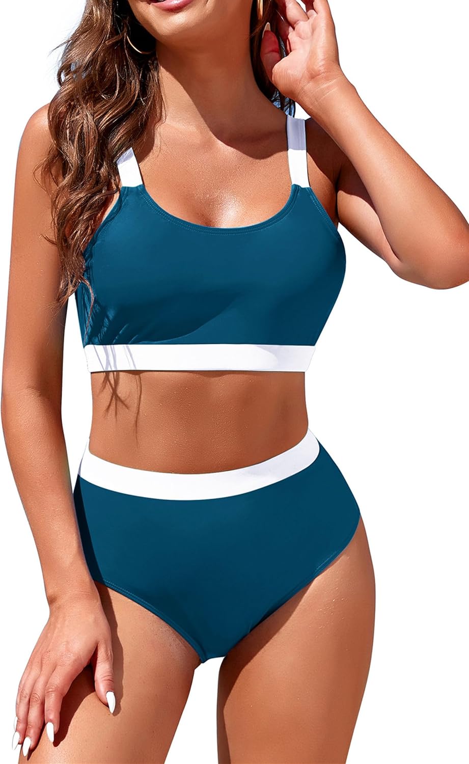 Womens High Waisted Bikini Sets Sporty Crop Top Color Block Swimwear