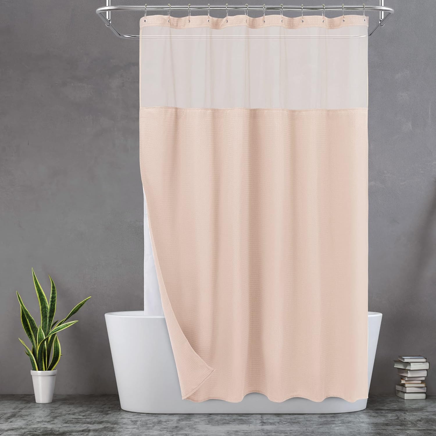 Waffle Weave Pink Shower Curtain Set with Snap-in Liner & Hooks