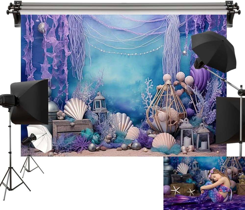 Kate Purple Blue Deep Sea Shell Mermaid Backdrop 7x5ft