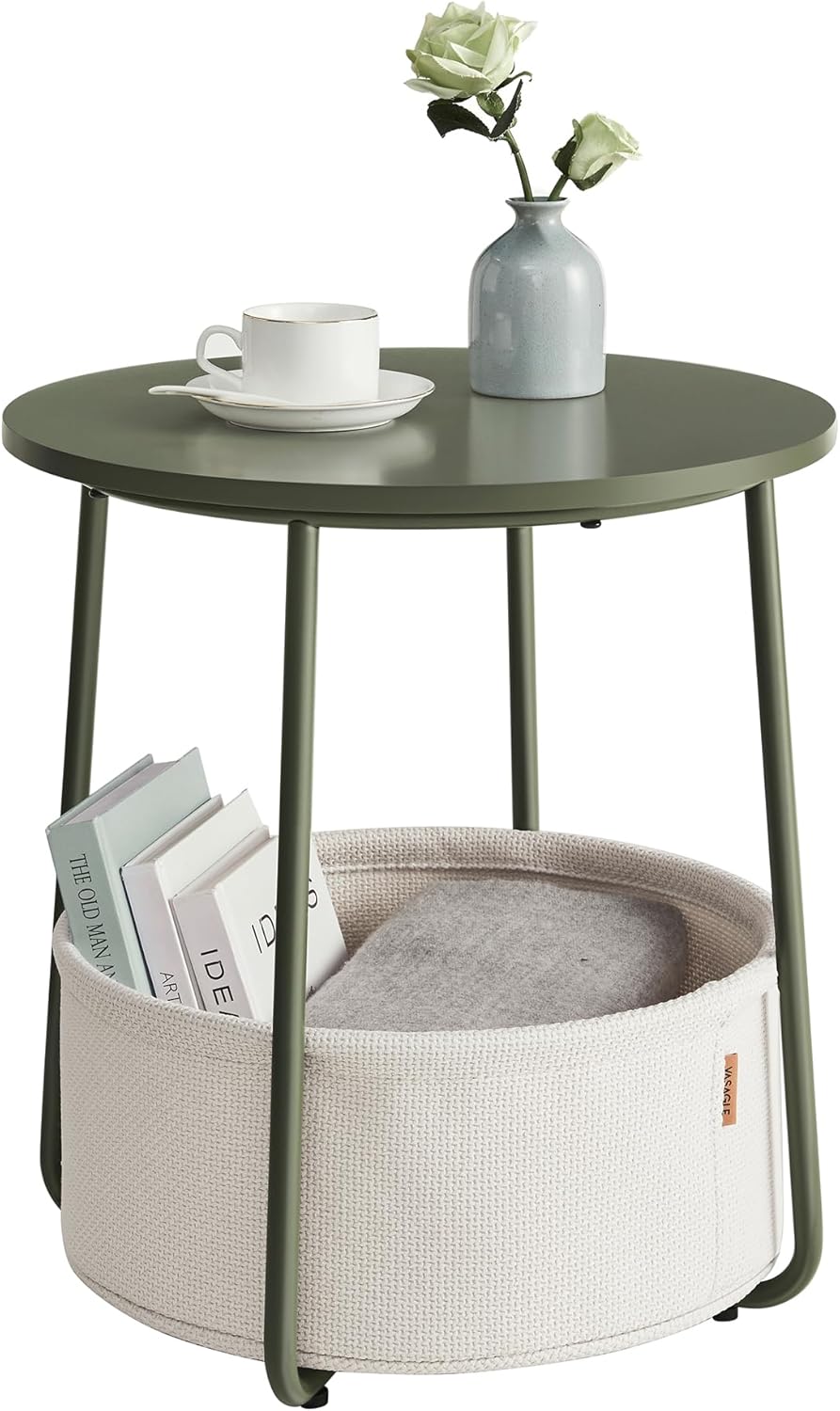 VASAGLE Small Round Side End Table with Fabric Basket for Style