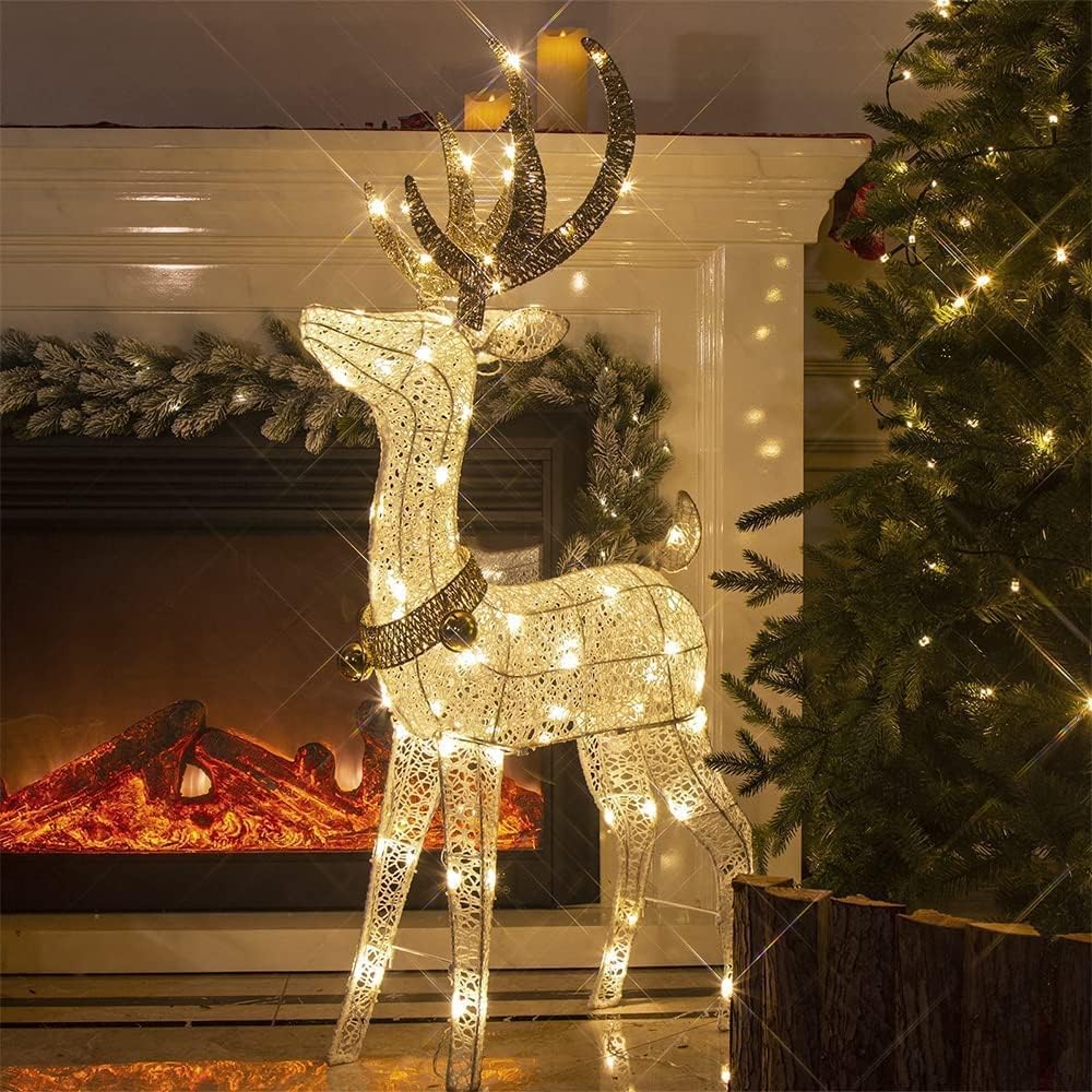 Pre-Lit Christmas Glittering Reindeer with Gold Jingle Bell