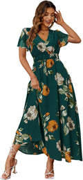 Boho Floral Maxi Dress V Neck Short Sleeve - Flowy Casual Maxi Apparel