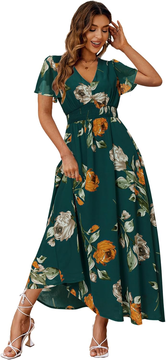 Boho Floral Maxi Dress for Women - Elegant V Neck Casual Wear