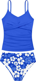 Girls Tankini Swimsuit 2 Piece Criss Cross Ruched Top and Printed