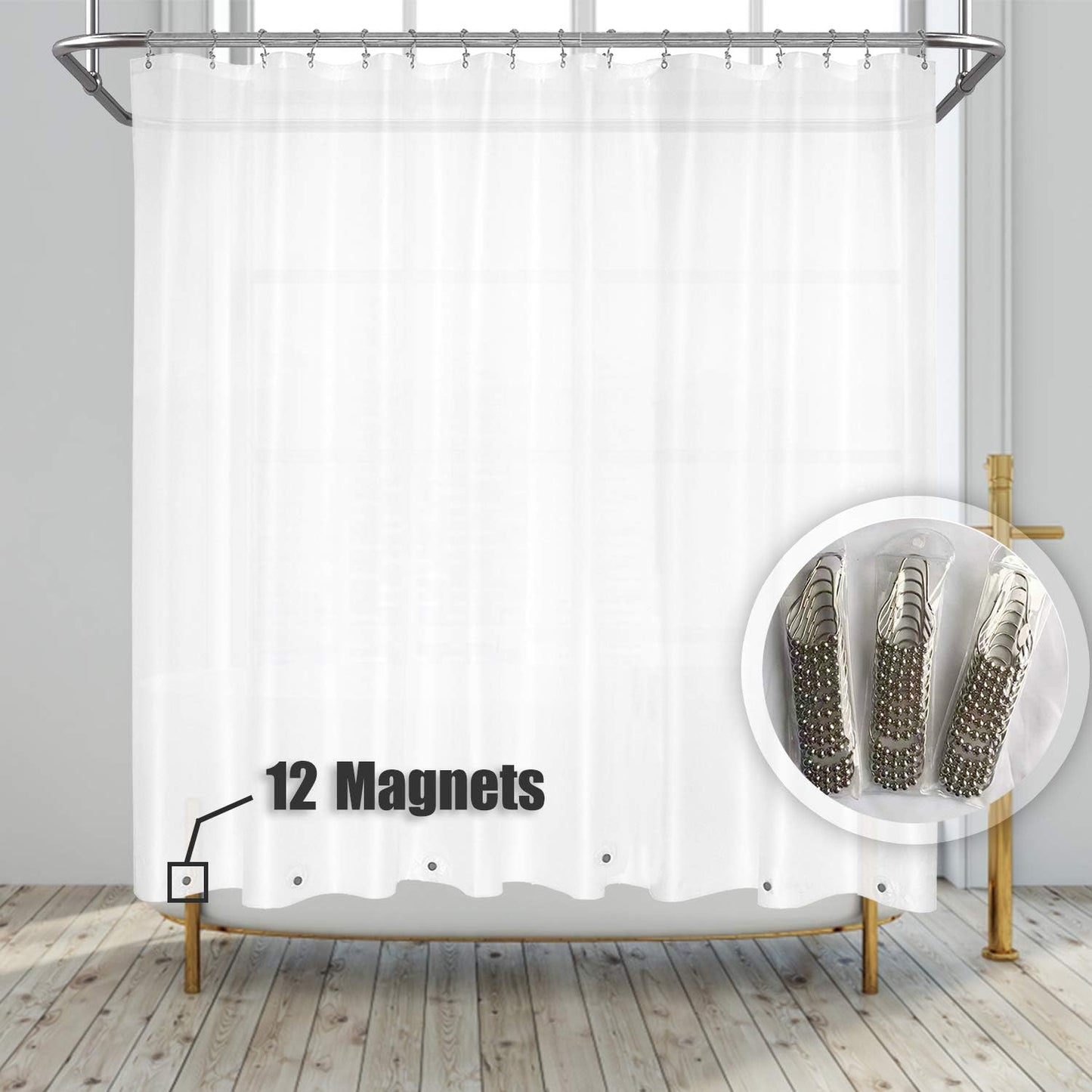 Clawfoot Tub Shower Curtain with 12 Magnets and Hooks - 180x70
