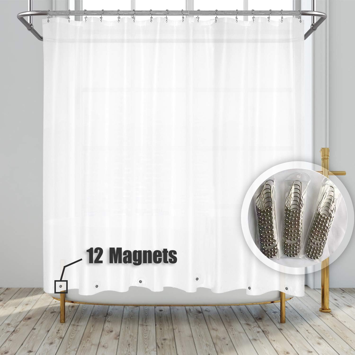 Clawfoot Tub Shower Curtain with 12 Magnets and Hooks - 180x70