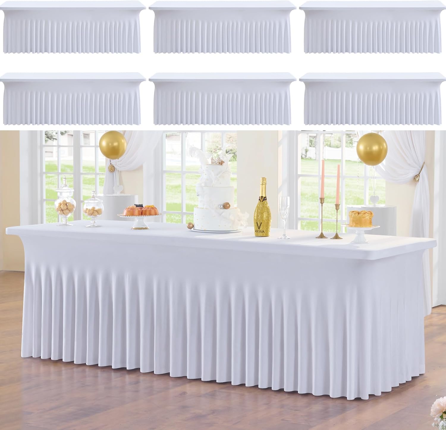 6pk White 8ft Spandex Tablecloths for Elegant Events