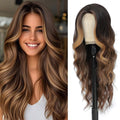 Long Brown Mixed Blonde Wig 26in Wavy Curly - Natural Middle Part