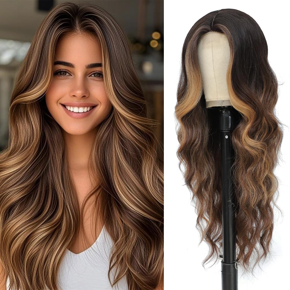 Long Brown Mixed Blonde Wigs for Women with Natural Highlights