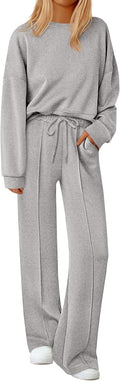 2 Piece Loungewear Set Women - Cozy Long Sleeve Sweatshirt & Wide Leg