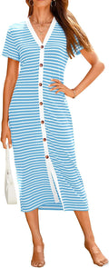 Women Casual Summer Striped Midi Dress - Comfortable Ribbed Knit Comfy