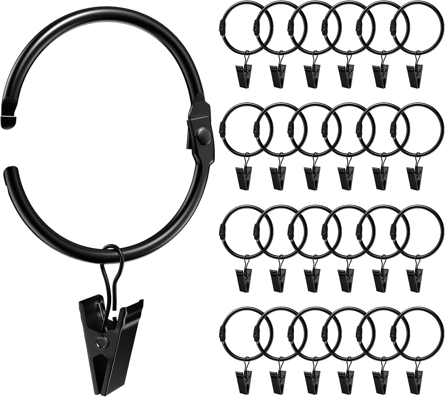 Ginbel Direct Black Curtain Rings with Clips - Set of 24, Rustproof & Openable
