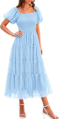 Women's Smocked Midi Tulle Dress - Puff Sleeve Tiered Summer Midi